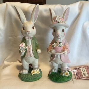 Victorian Style Bunny Couple - Vintage Inspired Tabletop Decor - Set of 2